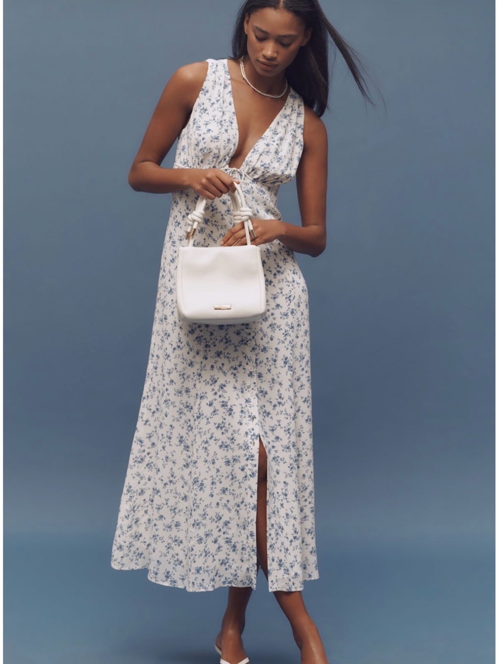 Reformation floral midi dress white blue cottagecore sleeveless button front NWT